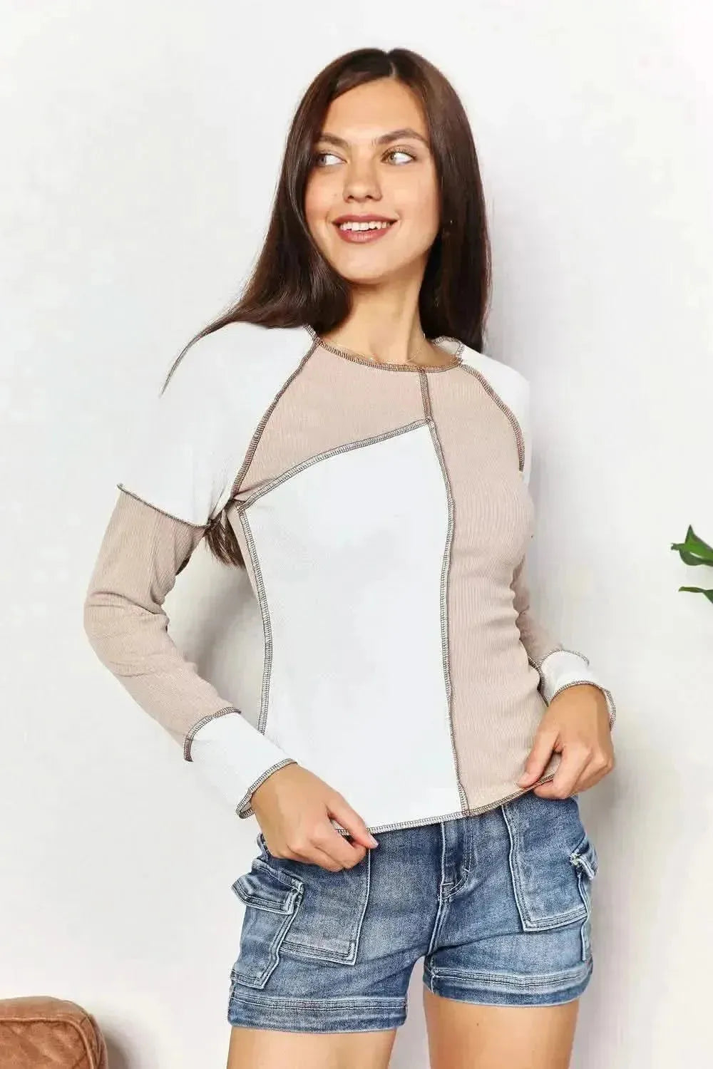 Double Take Color Block Exposed Seam Top - Bad Moms Club
