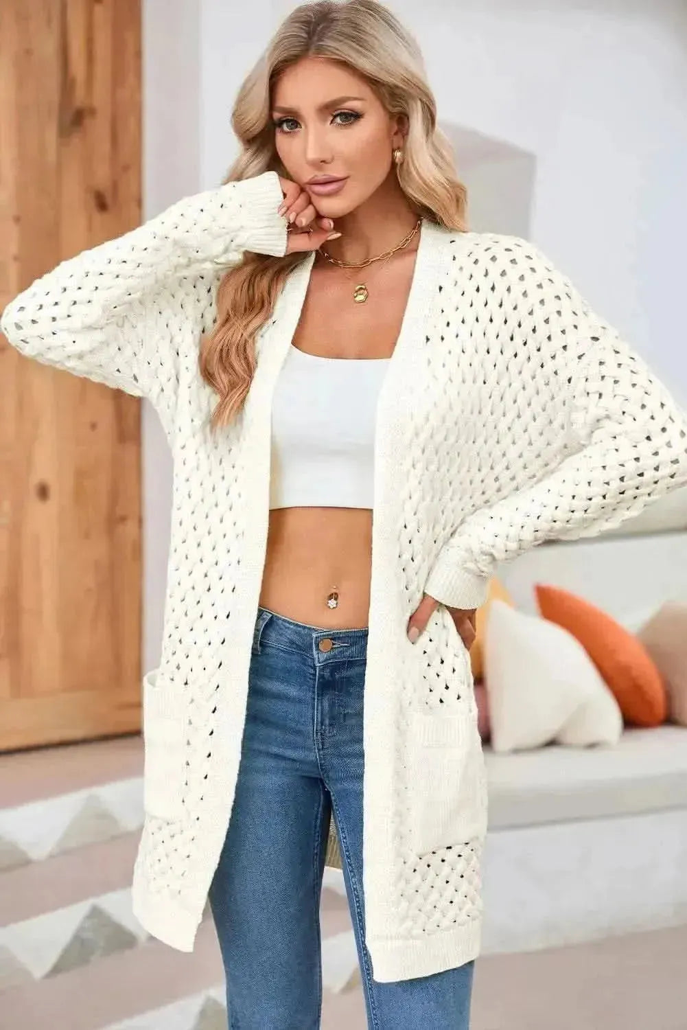Open Front Dropped Shoulder Cardigan with Pockets - Bad Moms Club