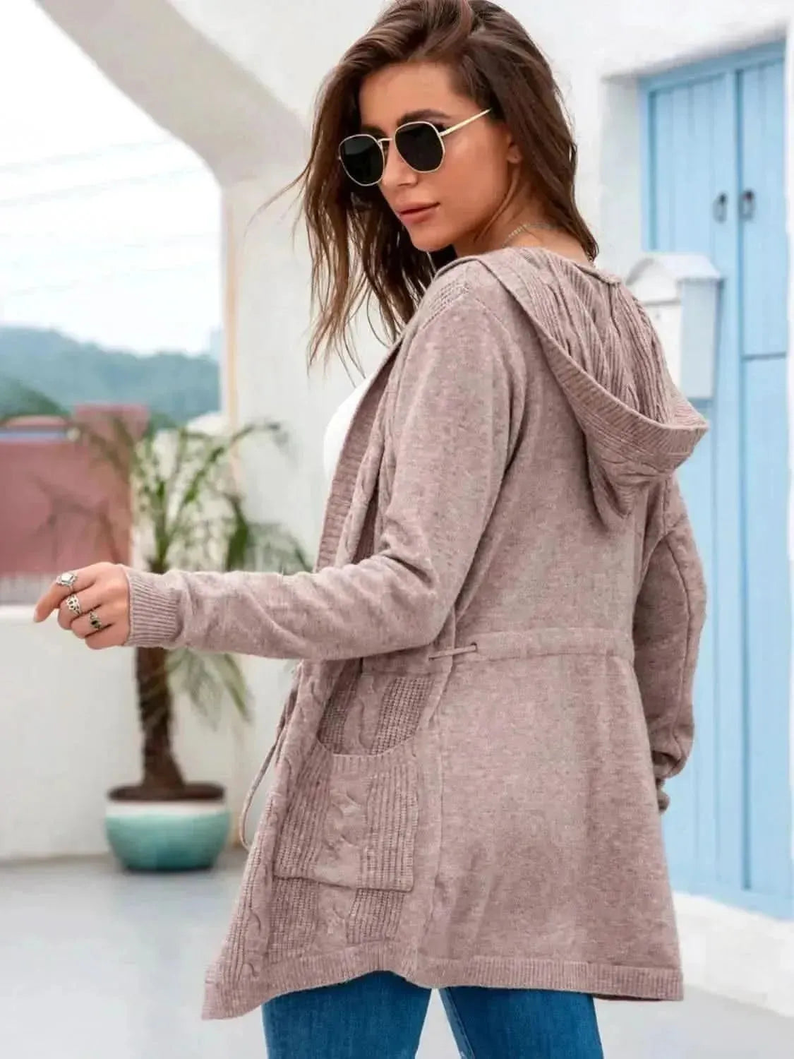 Cable-Knit Drawstring Hooded Cardigan - Bad Moms Club