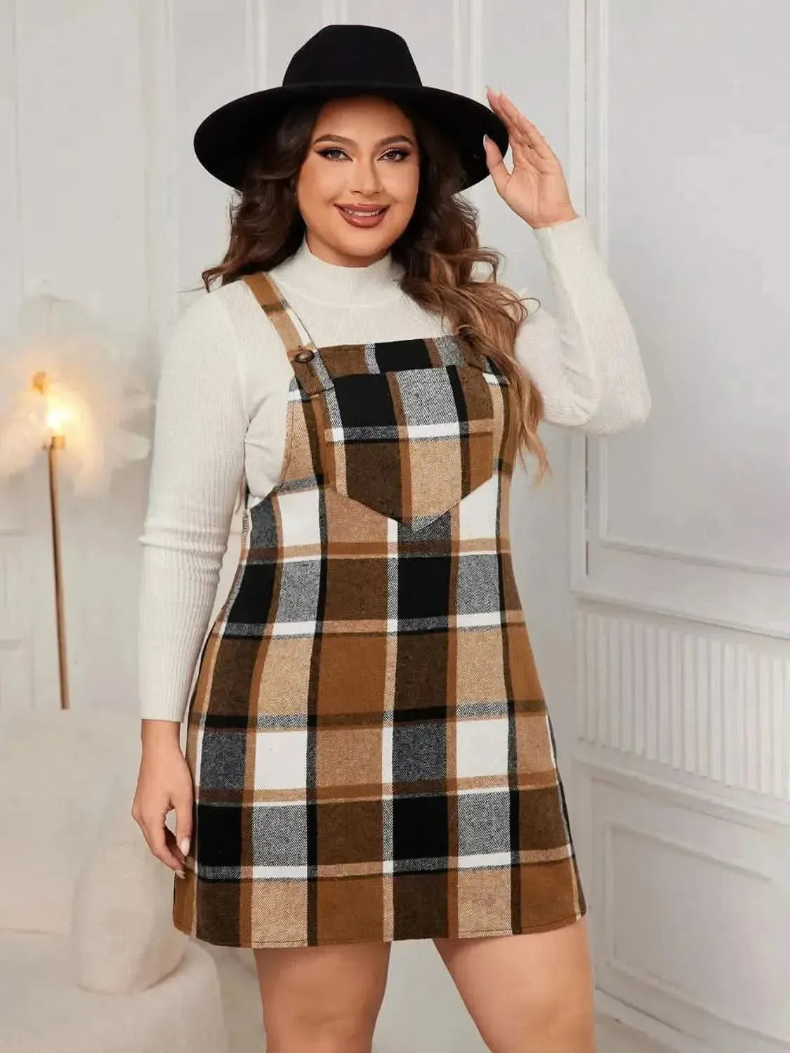 Honey Plus Size Plaid Wide Strap Overall Dress - Bad Moms Club
