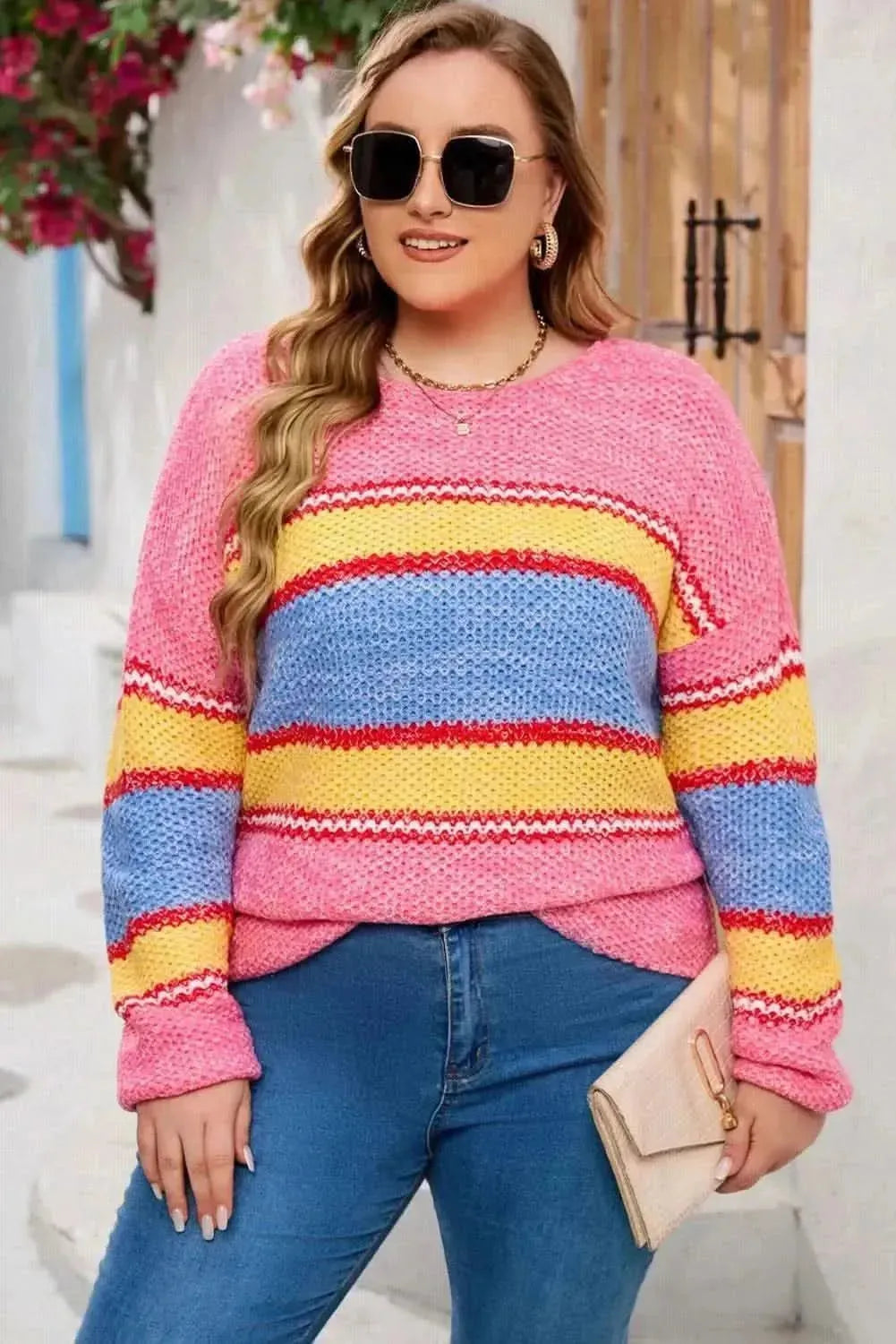 Plus Size Color Block Round Neck Long Sleeve Sweater - Bad Moms Club