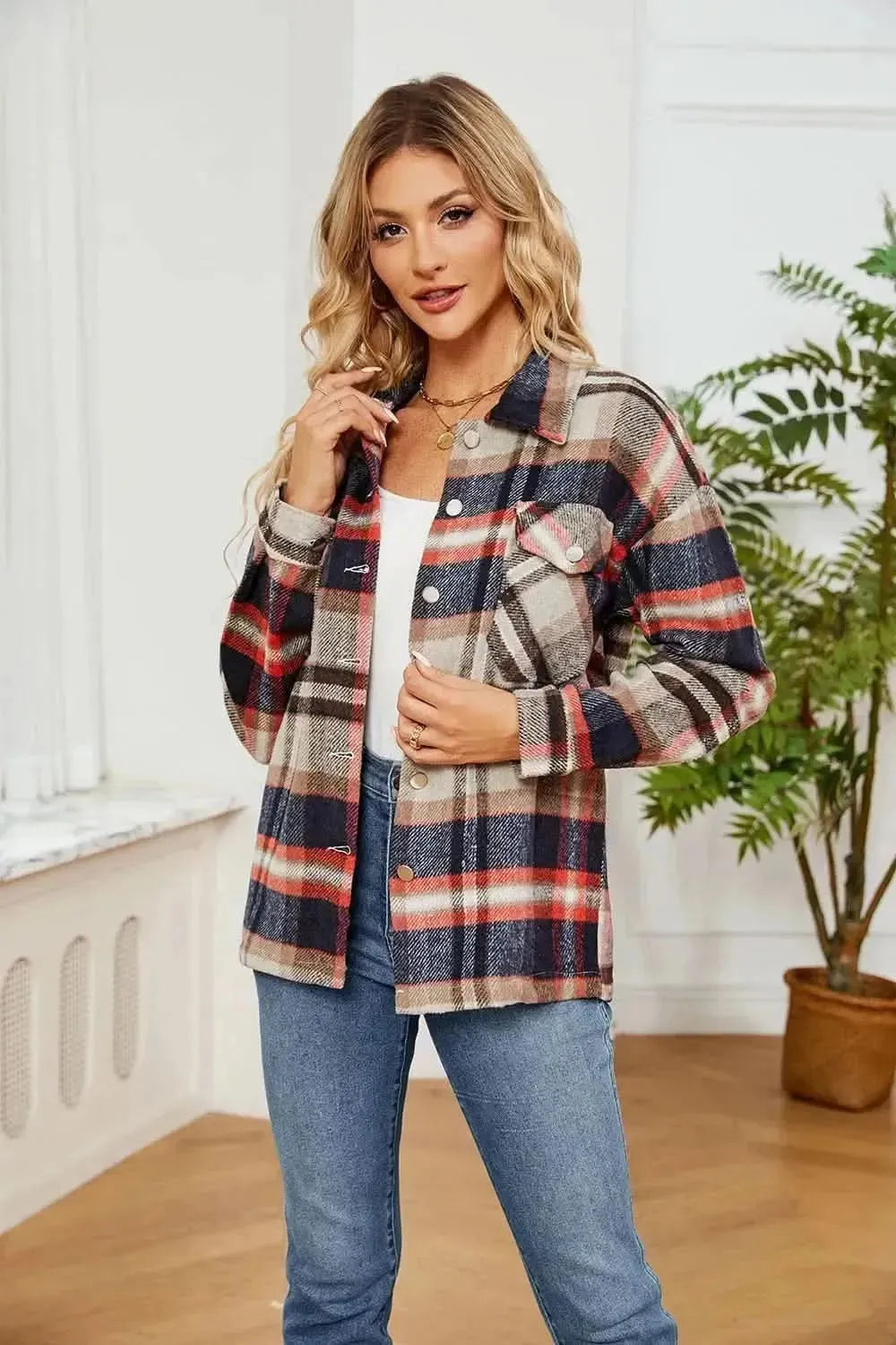 Button Down Collared Plaid Shacket - Bad Moms Club