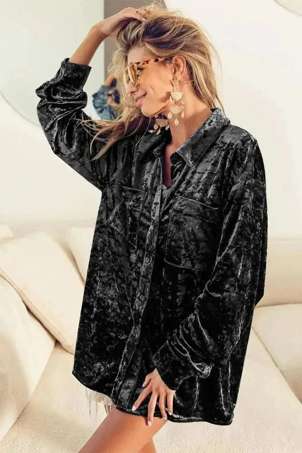 BiBi Button Up Long Sleeve Velvet Shirt - Bad Moms Club