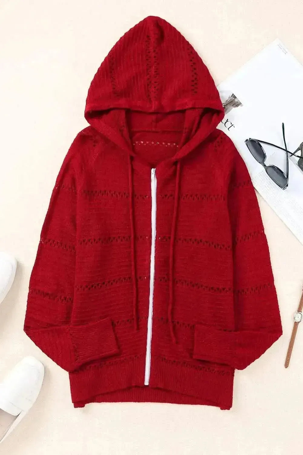 Zip-Up Raglan Sleeve Openwork Hooded Cardigan - Bad Moms Club