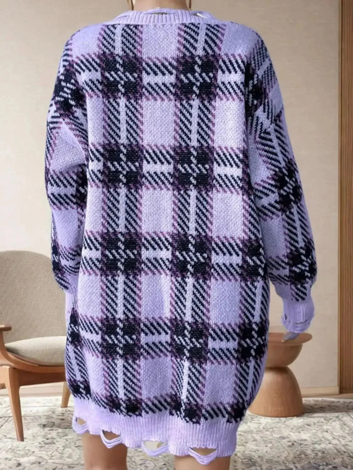 Distressed Plaid V-Neck Long Sleeve Sweater Dress - Bad Moms Club
