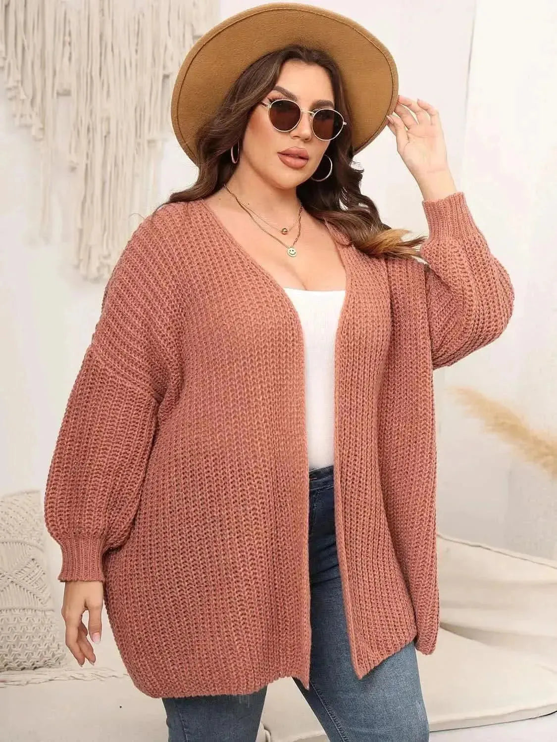Plus Size Open Front Dropped Shoulder Knit Cardigan - Bad Moms Club