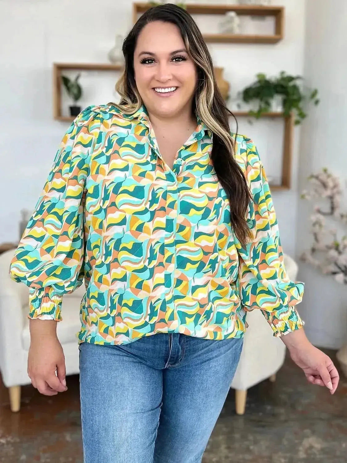Double Take Full Size Printed Smocked Long Sleeve Blouse - Bad Moms Club