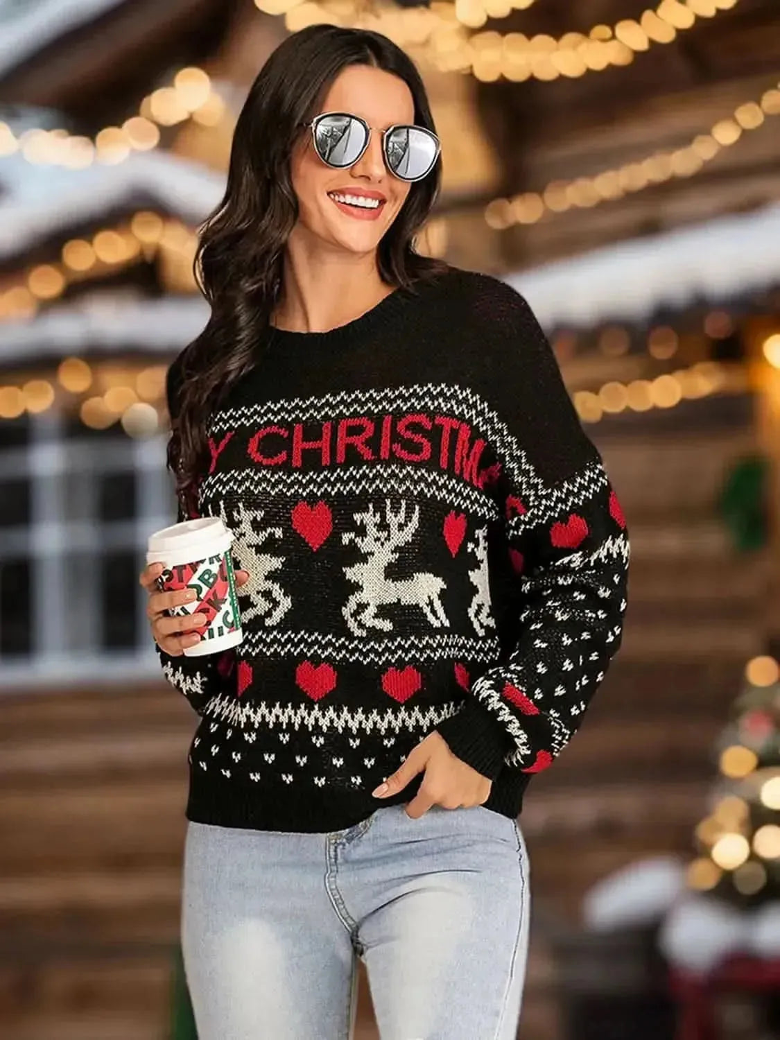 Perfee Christmas Element Round Neck Sweater - Bad Moms Club