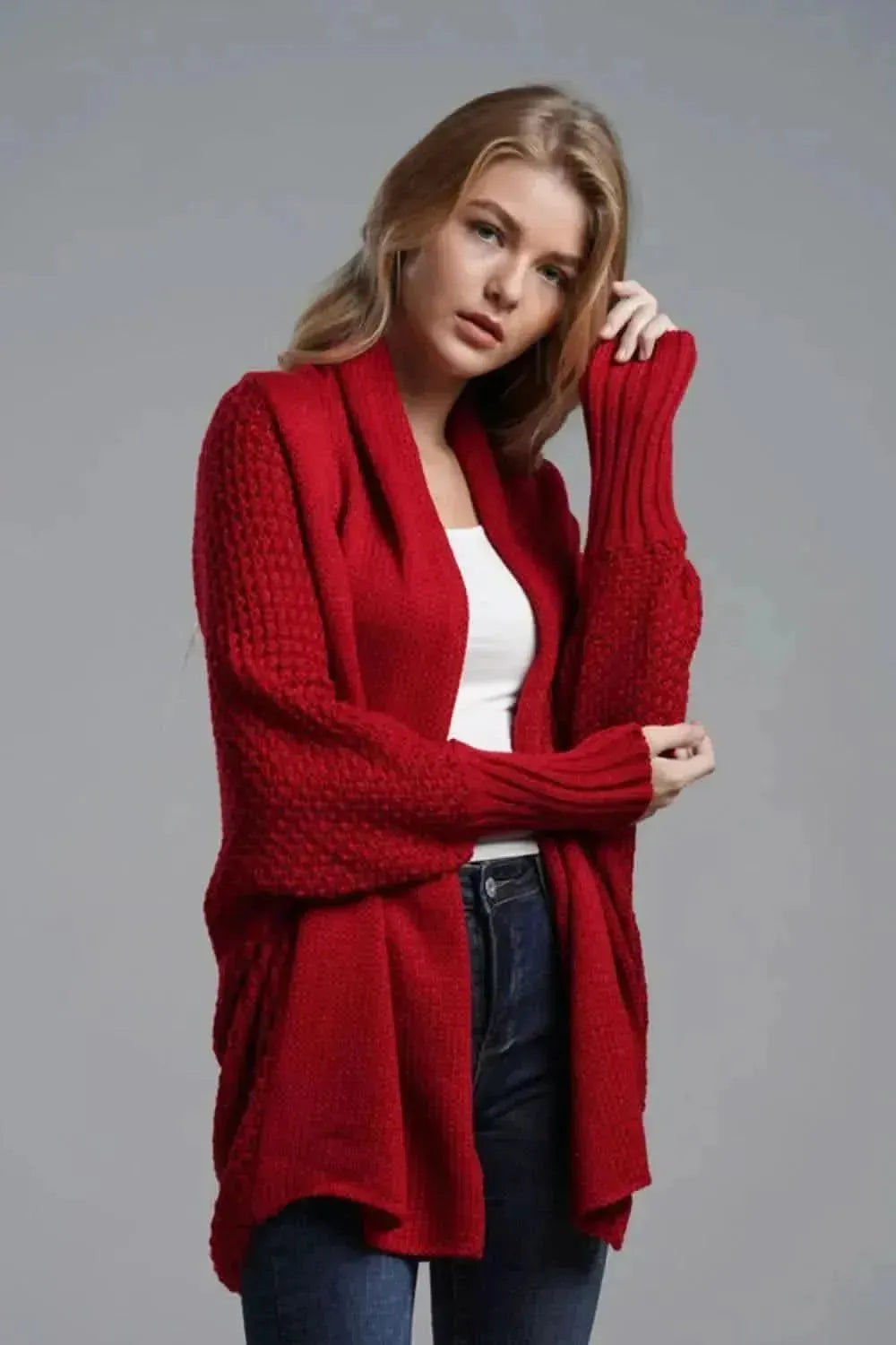 Dolman Sleeve Open Front Ribbed Trim Longline Cardigan - Bad Moms Club