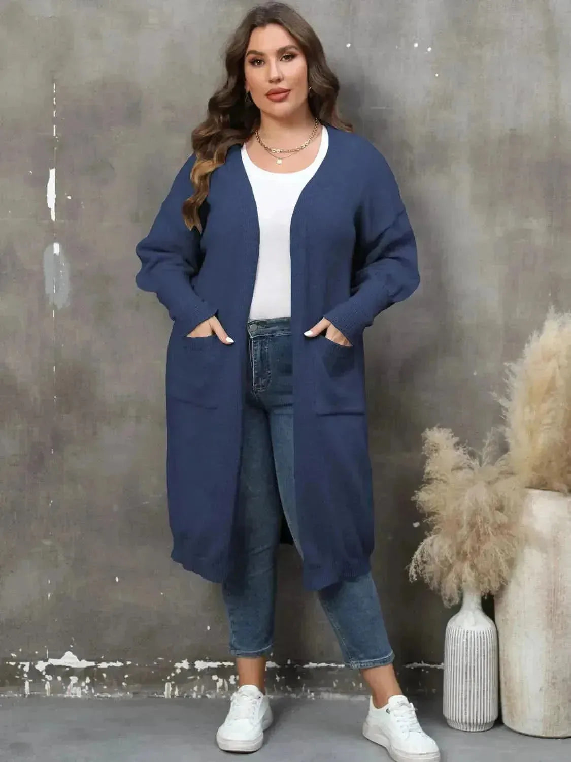 Plus Size Long Sleeve Pocketed Cardigan - Bad Moms Club