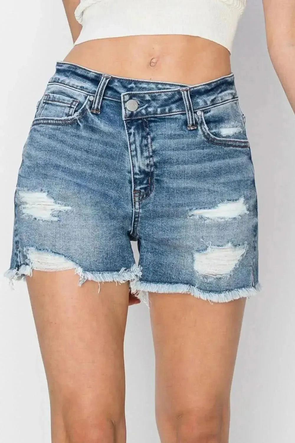 RISEN Stepped Waist Frayed Denim Shorts - Bad Moms Club