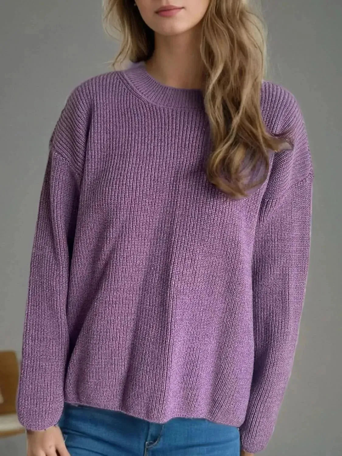Solid Color Round Neck Long Sleeve Sweater - Bad Moms Club