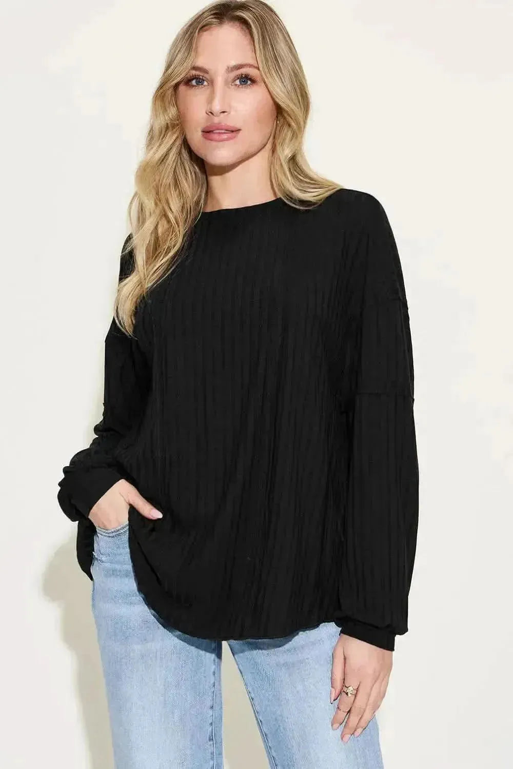 Basic Bae Full Size Ribbed Round Neck Long Sleeve T-Shirt - Bad Moms Club