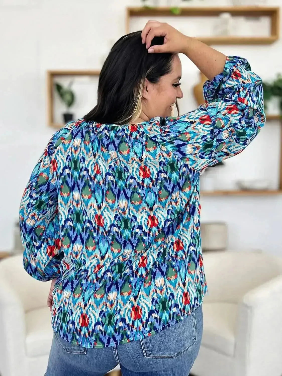 Double Take Full Size Printed Balloon Sleeve Blouse - Bad Moms Club