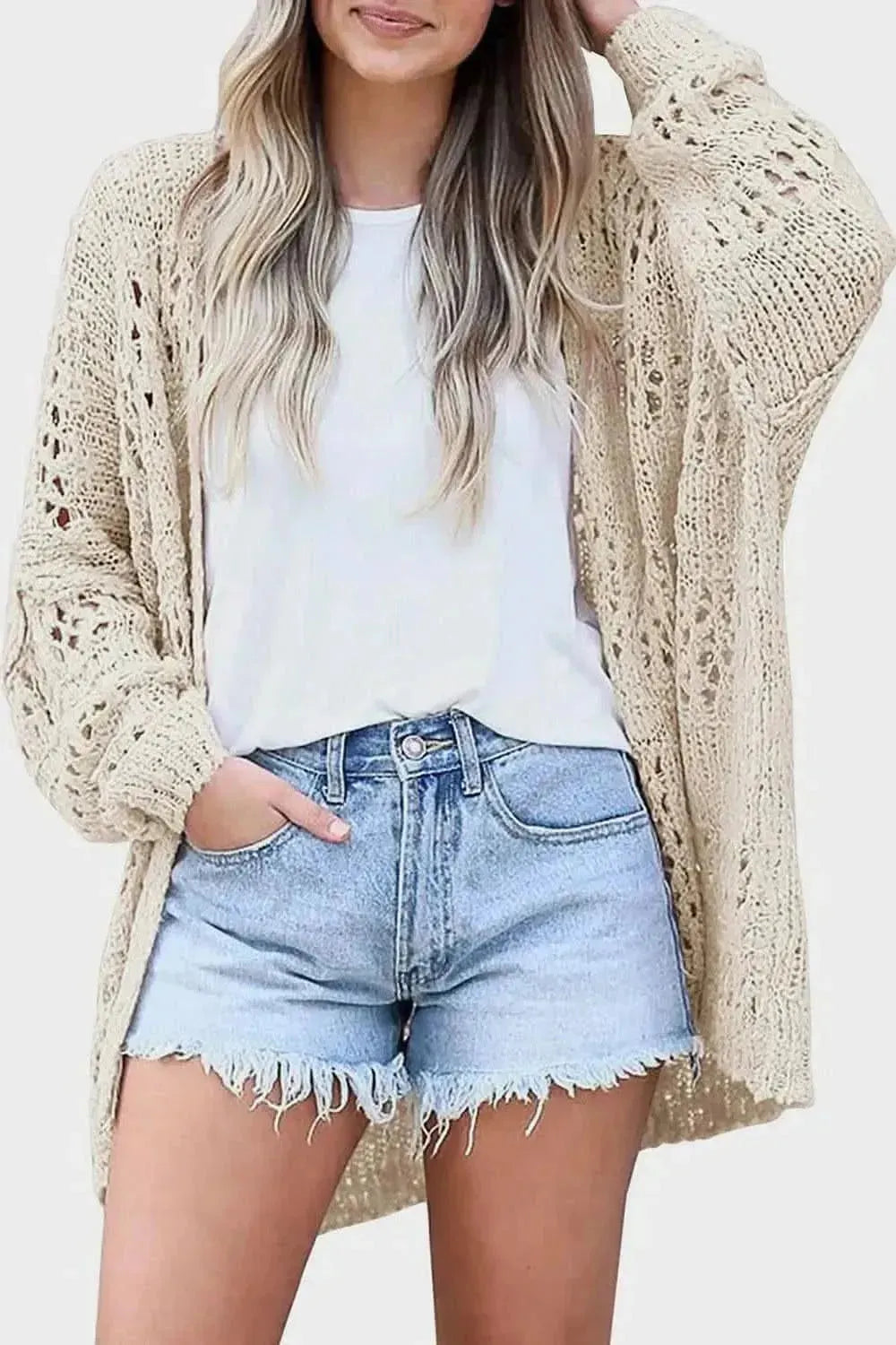Openwork Open Front Long Sleeve Cardigan - Bad Moms Club