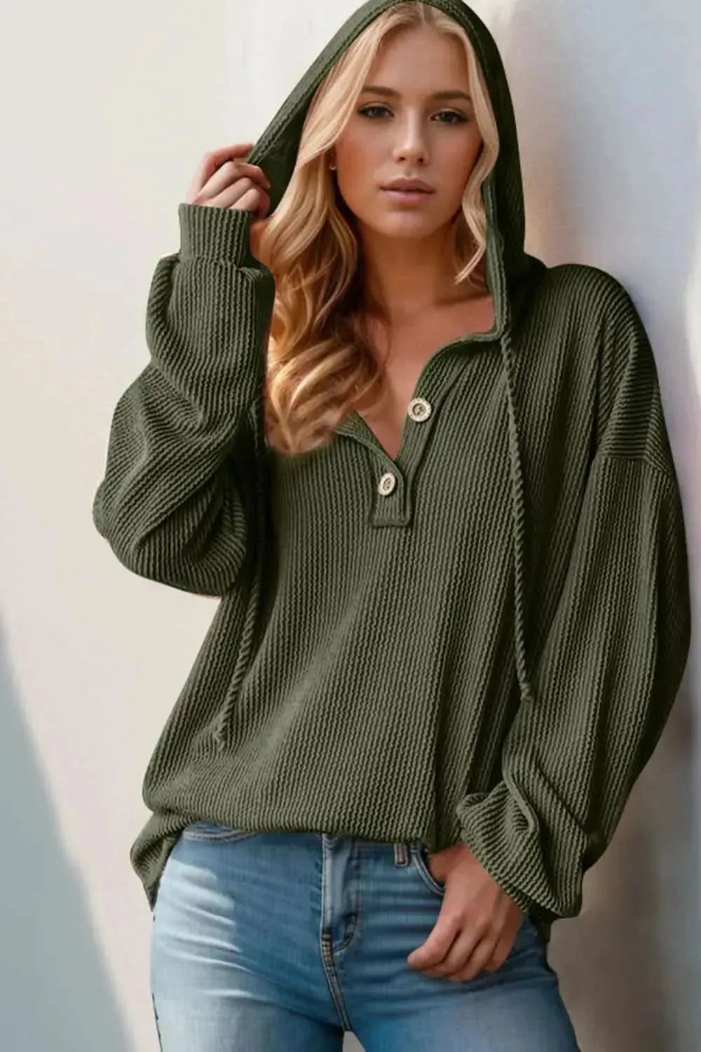 Double Take Full Size Half Button Long Sleeve Hoodie - Bad Moms Club