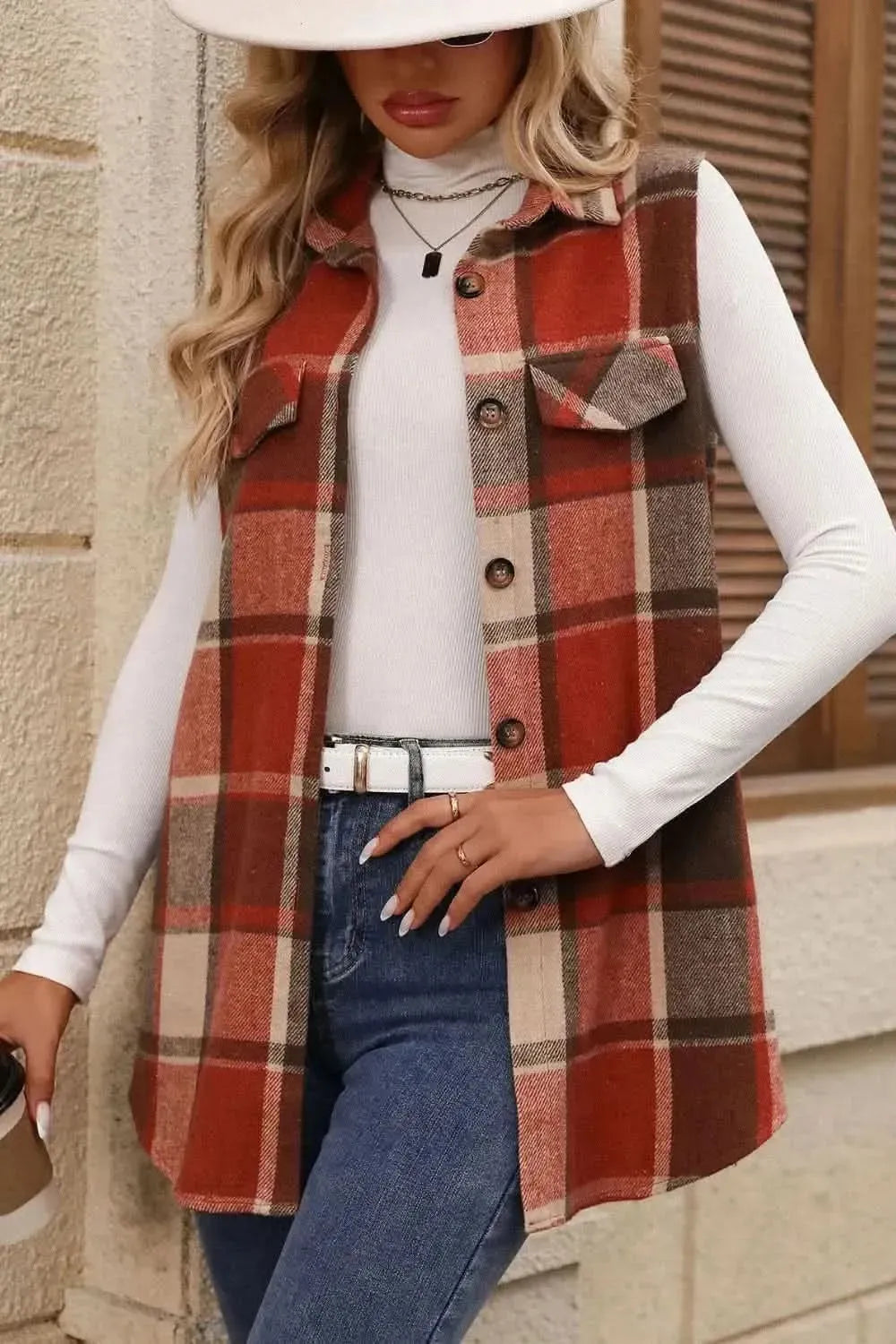 Plaid Button Up Vest Coat - Bad Moms Club