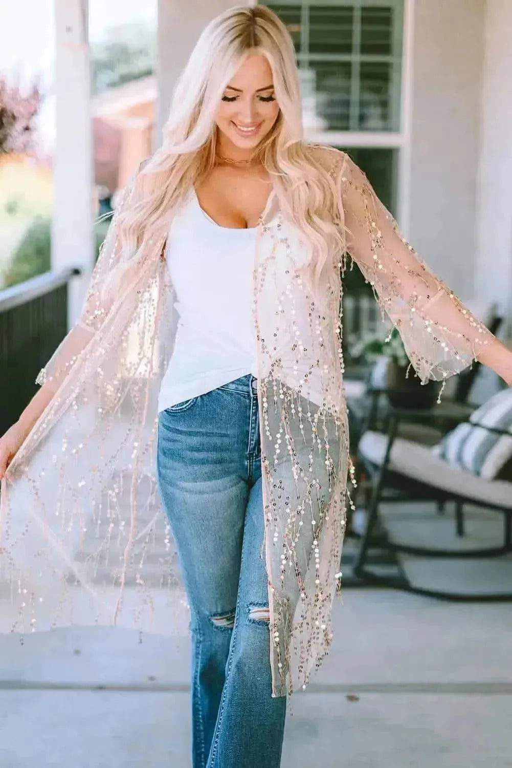 Sequin Open Front Sheer Cardigan - Bad Moms Club