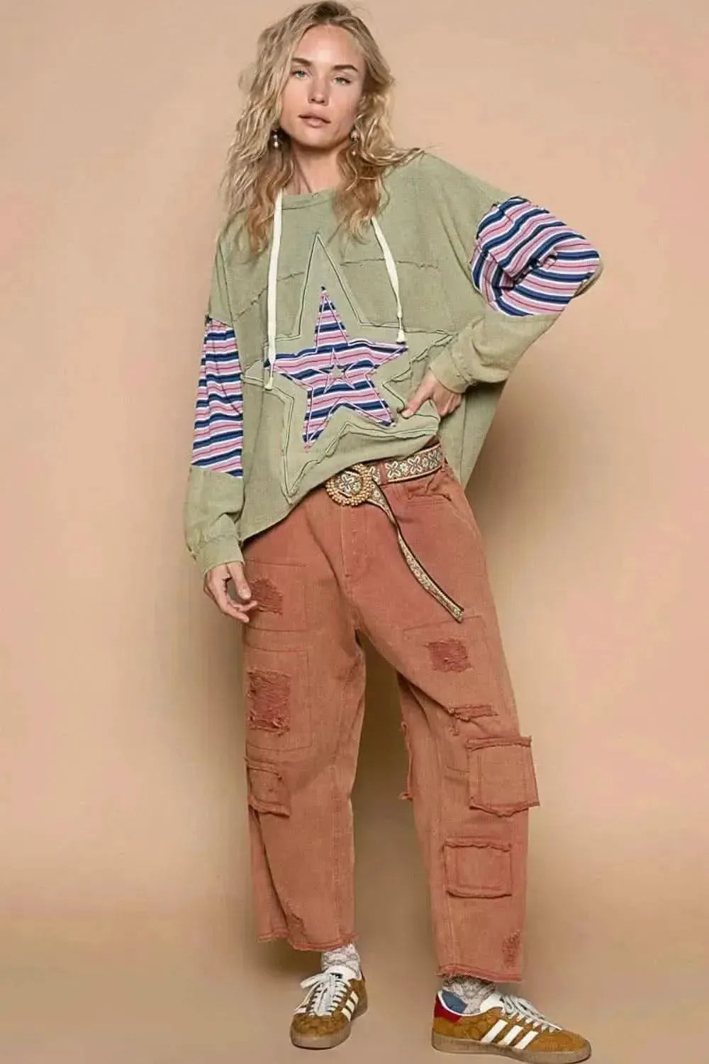 POL Star Patchwork Raw Edge French Terry Hoodie - Bad Moms Club