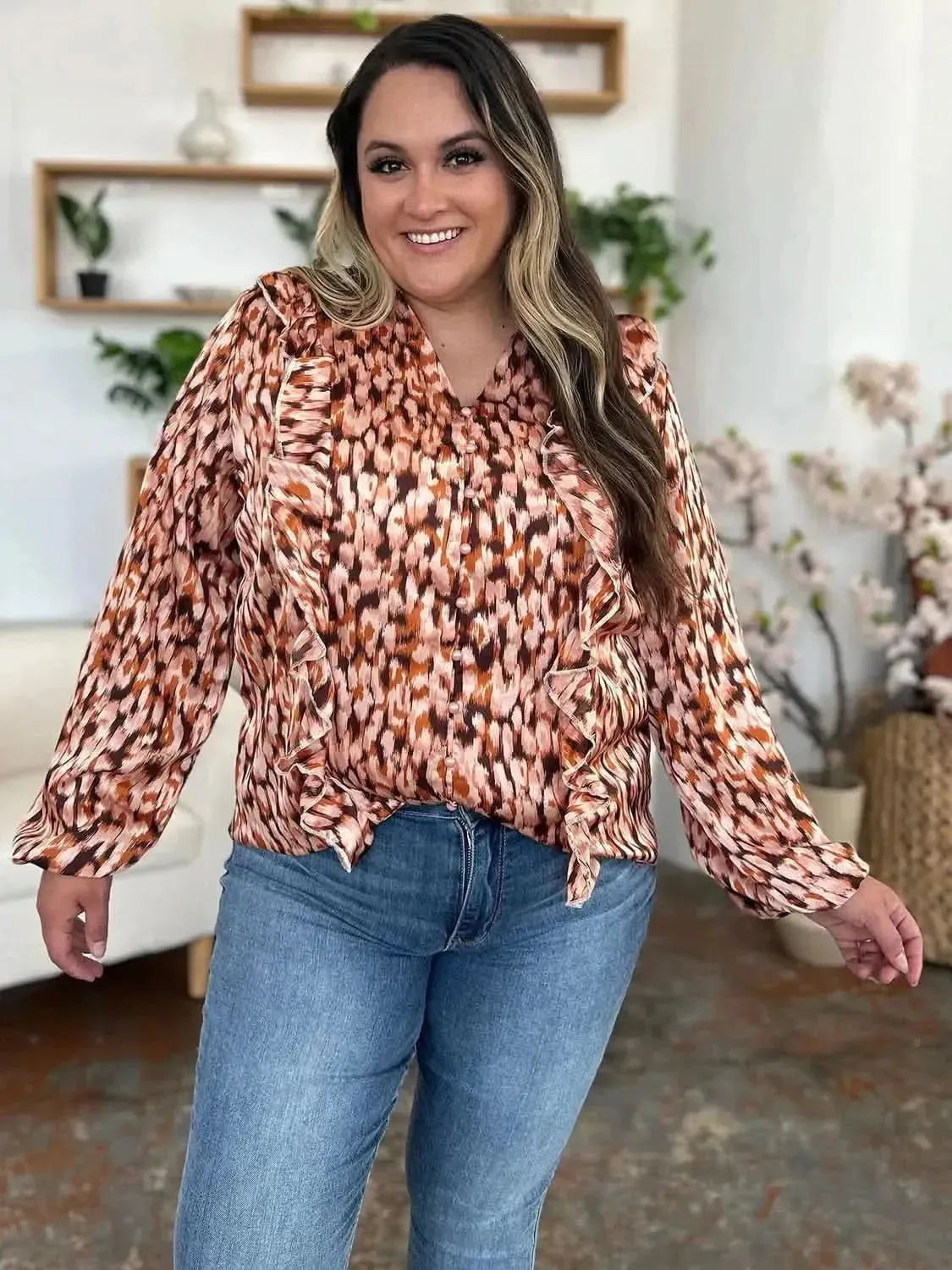 Double Take Full Size Printed Ruffle Trim Balloon Sleeve Shirt - Bad Moms Club