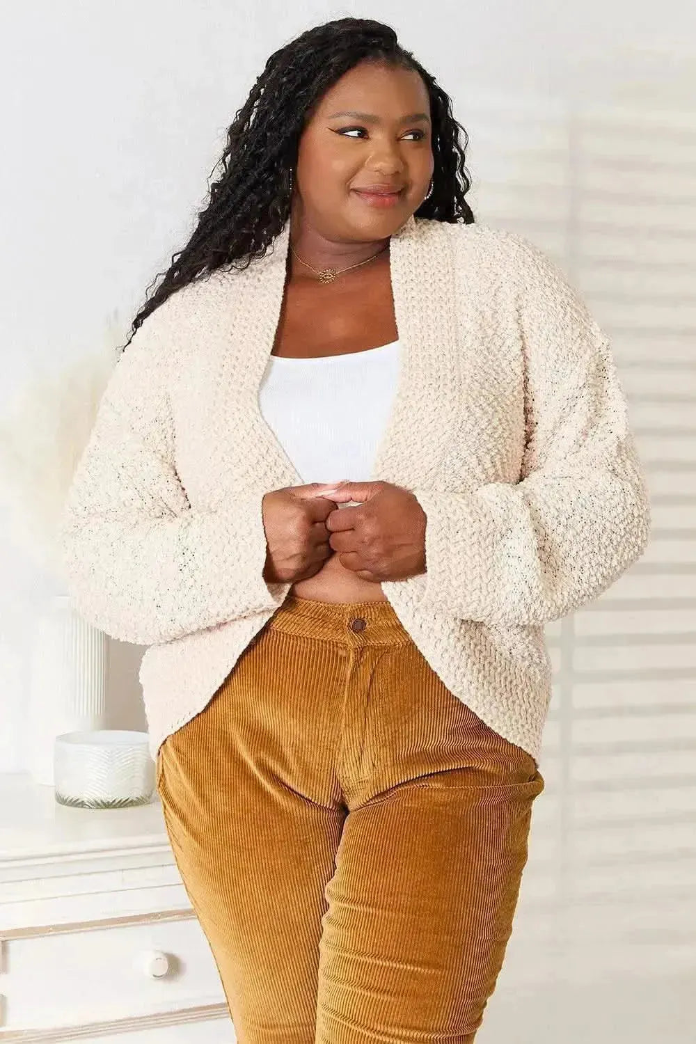 Double Take Open Front Long Sleeve Cardigan - Bad Moms Club