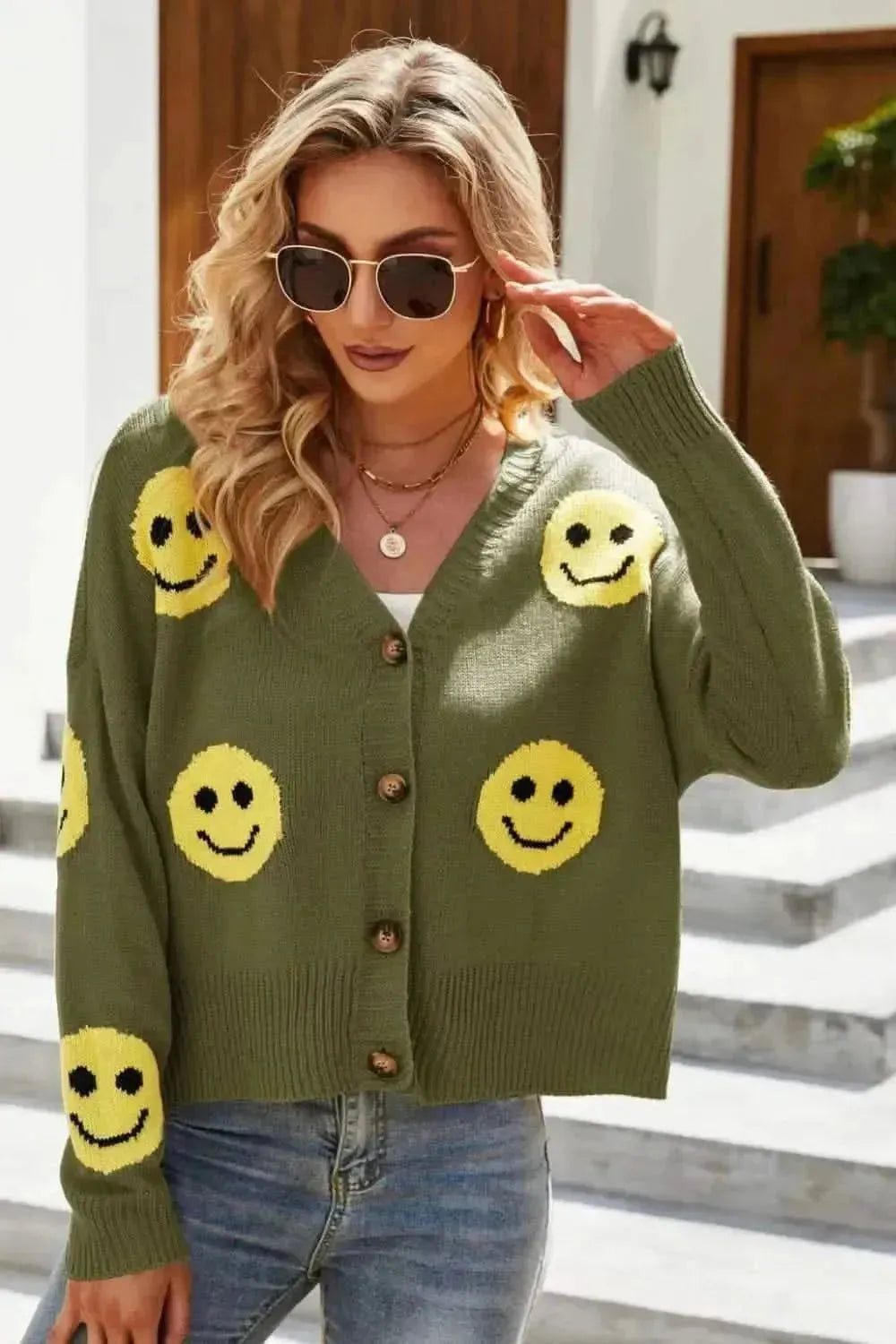 Smiley Face Ribbed Trim V-Neck Cardigan - Bad Moms Club