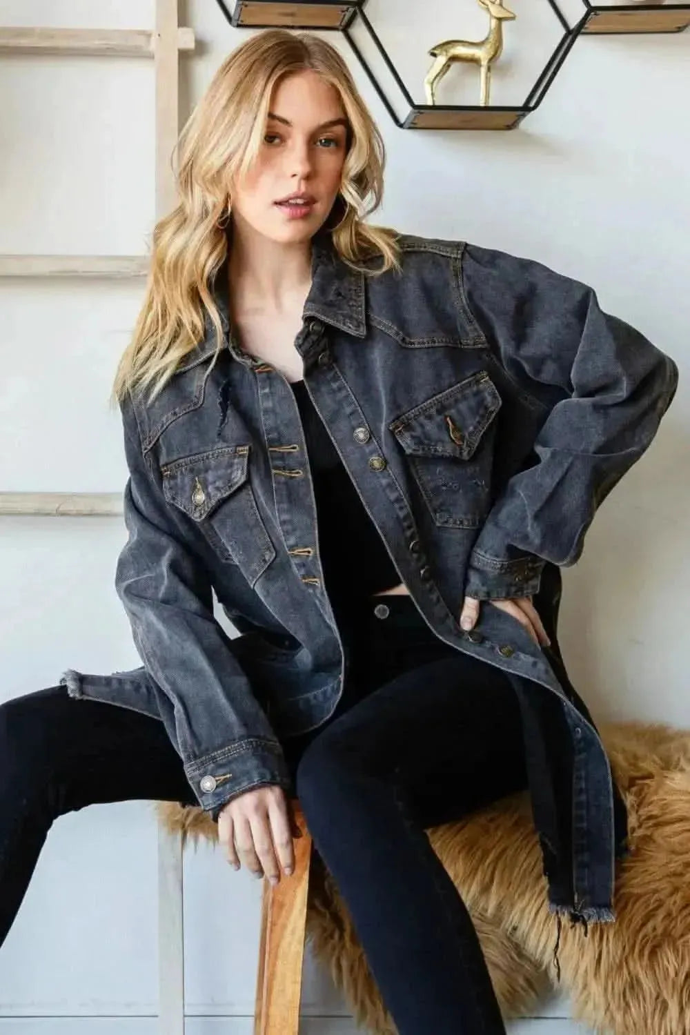 Veveret Button Up Distressed Frayed Hem Denim Jacket - Bad Moms Club