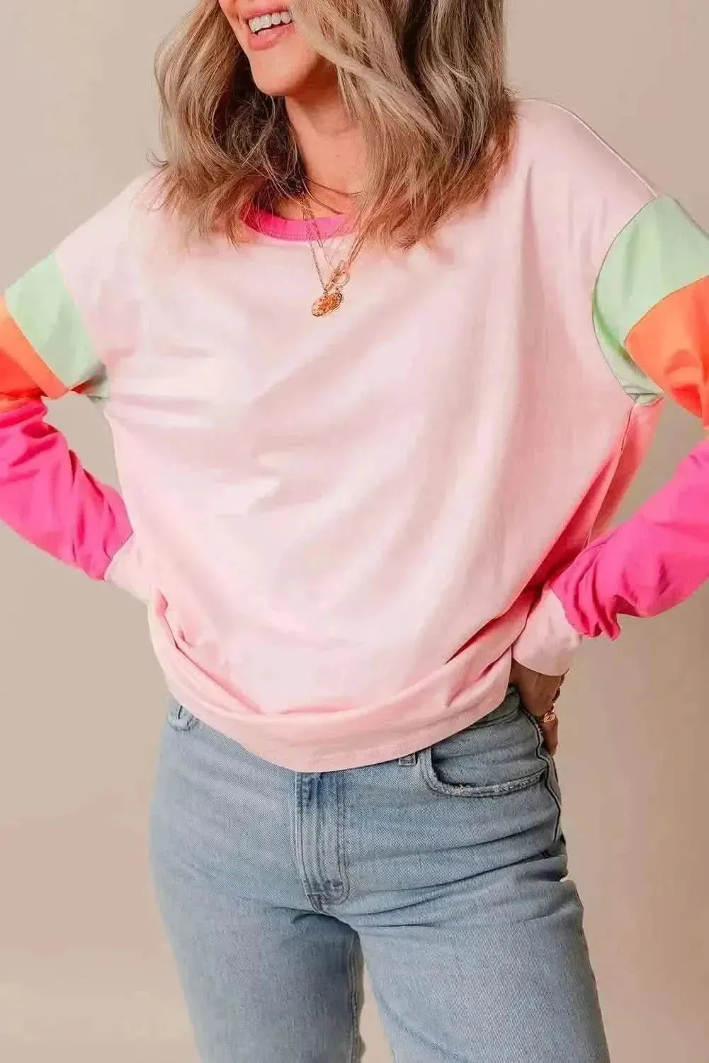 Color Block Round Neck Long Sleeve Top - Bad Moms Club