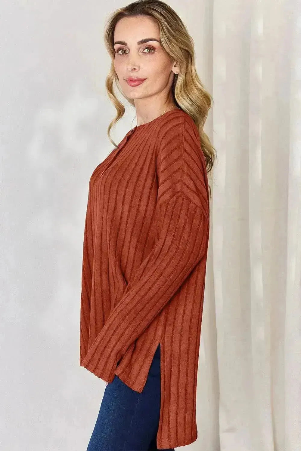 Basic Bae Full Size Ribbed Half Button Long Sleeve High-Low T-Shirt - Bad Moms Club