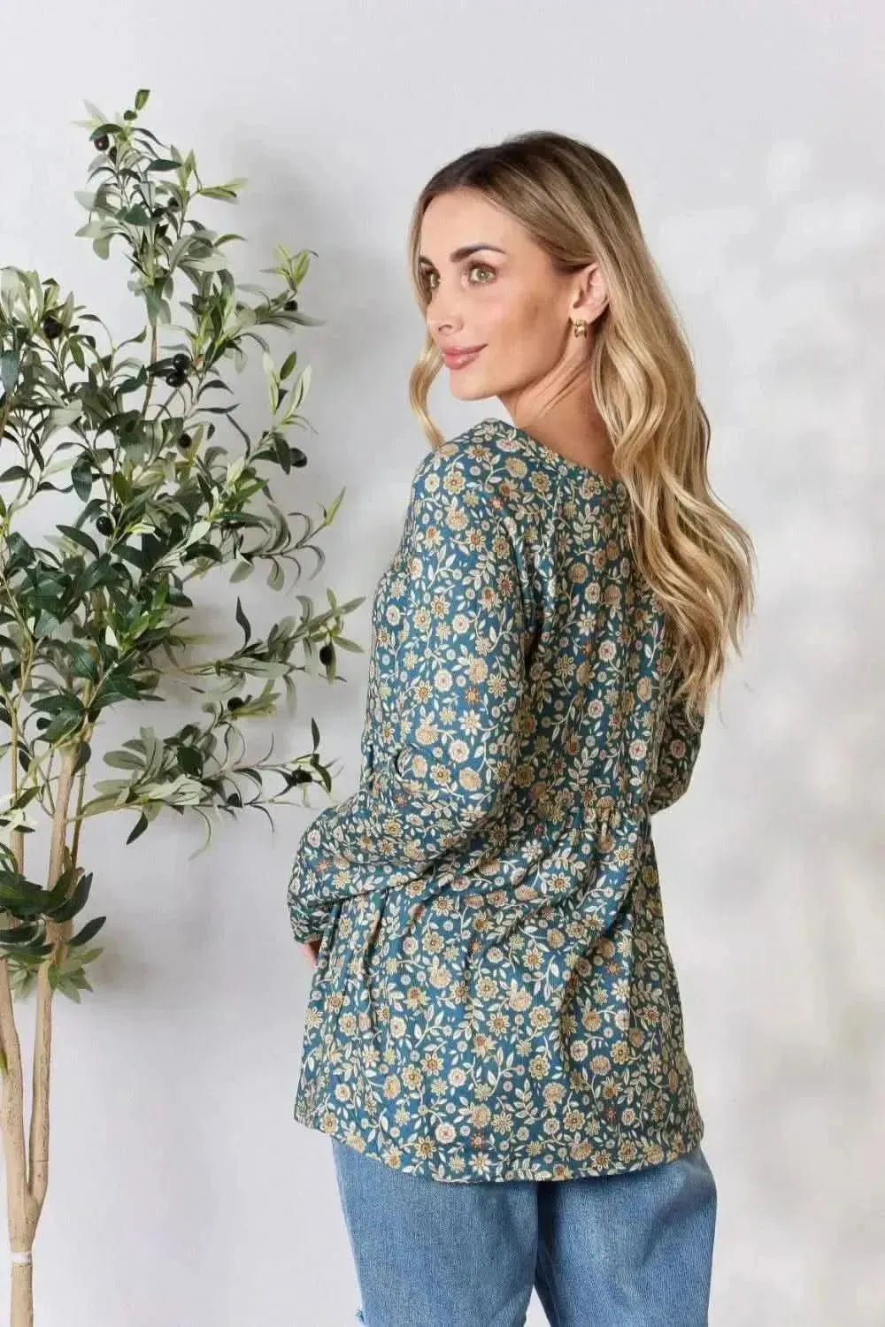 Heimish Full Size Floral Half Button Long Sleeve Blouse - Bad Moms Club