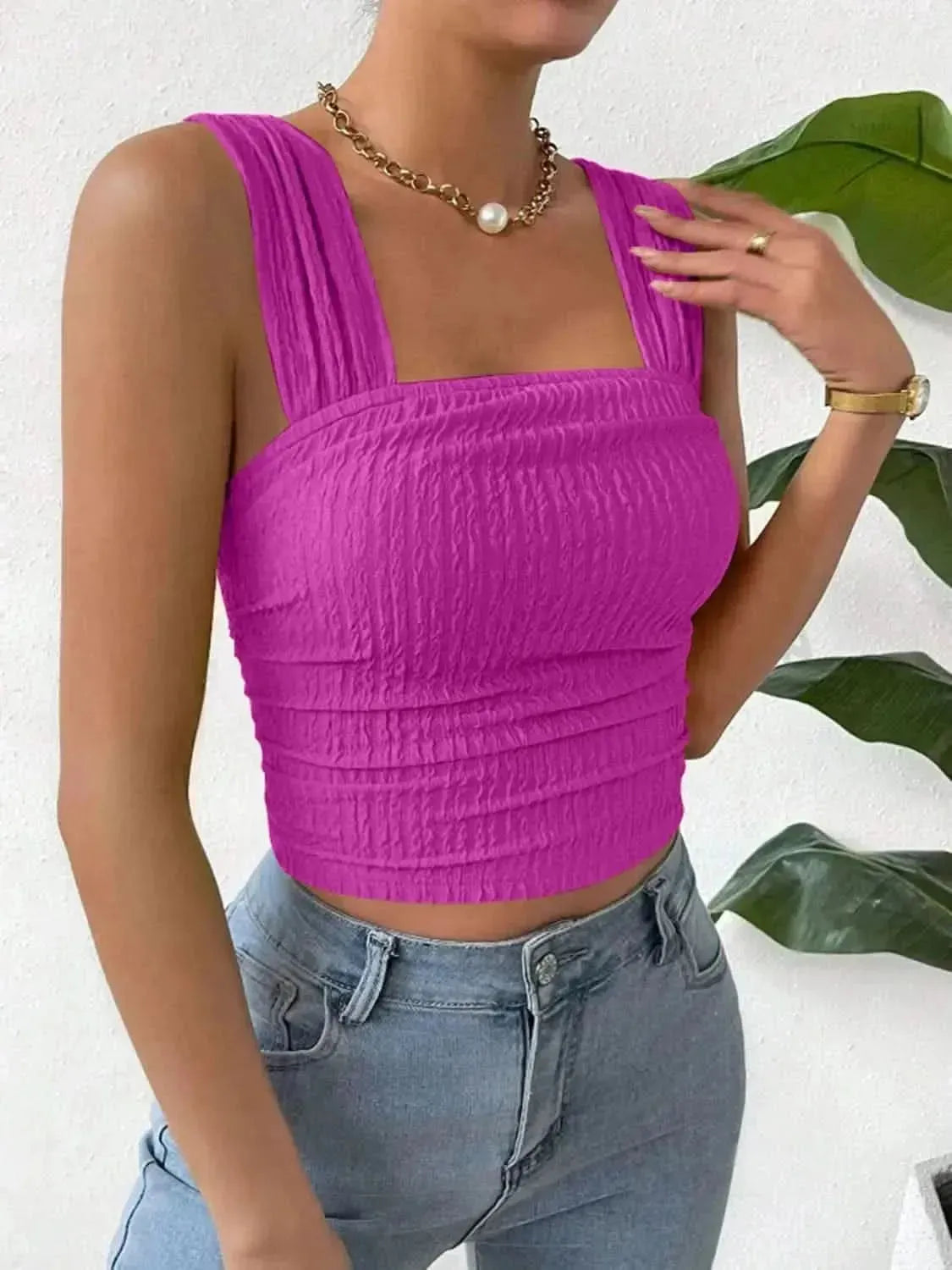 Textured Square Neck Wide Strap Tank - Bad Moms Club