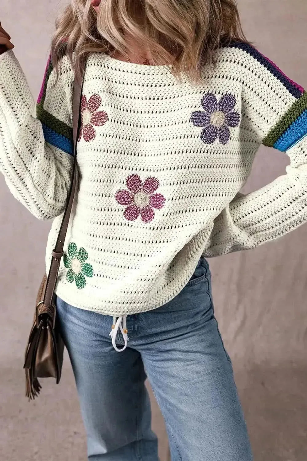 Flower Round Neck Long Sleeve Sweater - Bad Moms Club