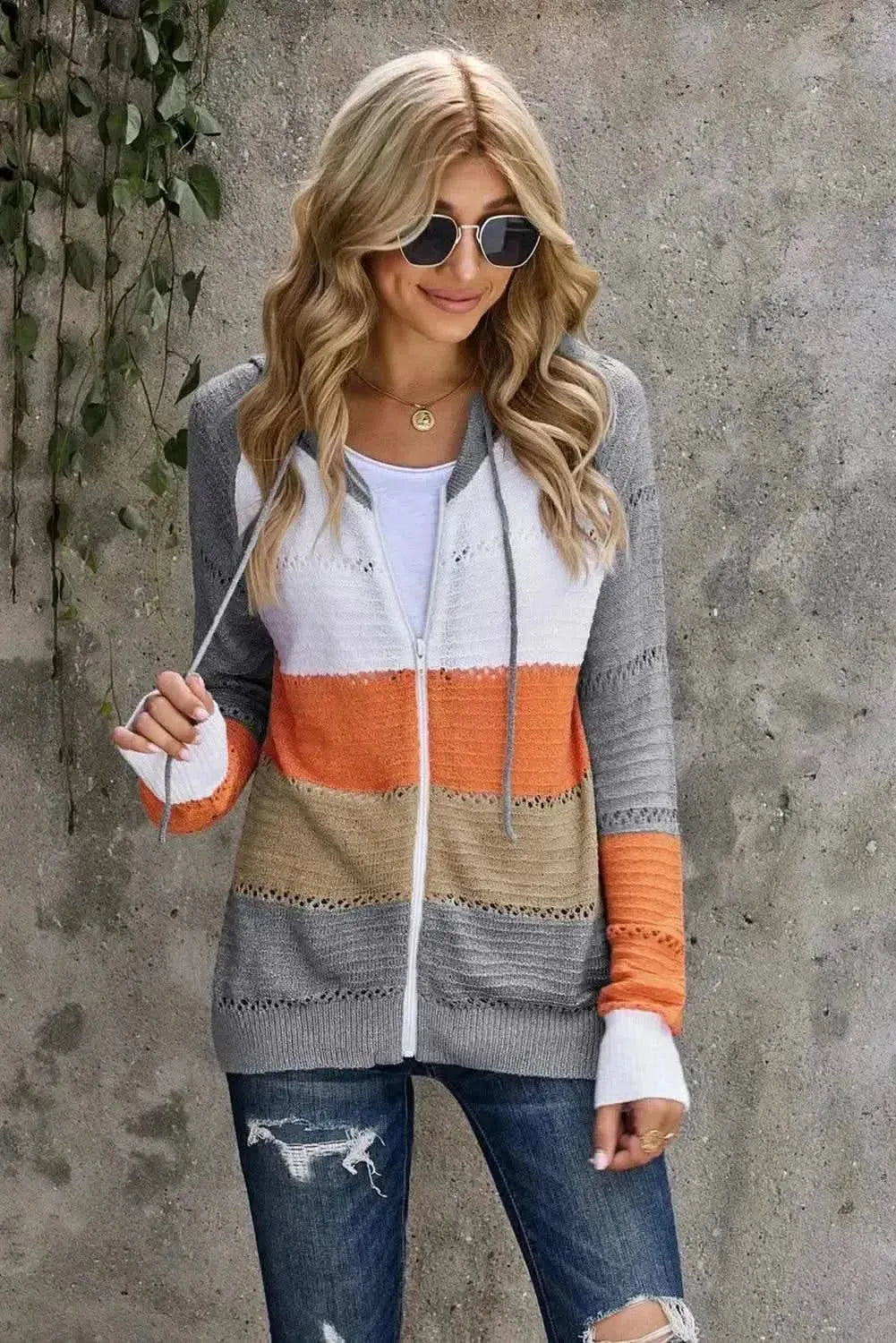 Zip-Up Raglan Sleeve Openwork Hooded Cardigan - Bad Moms Club