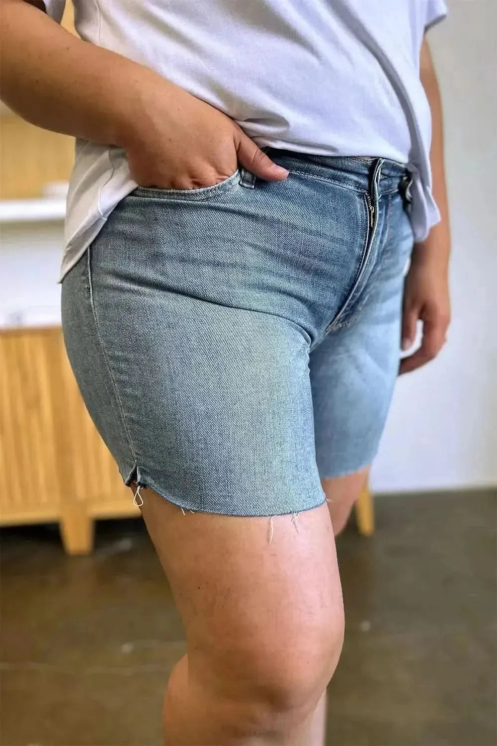 Judy Blue Full Size High Waist Raw Hem Denim Shorts - Bad Moms Club
