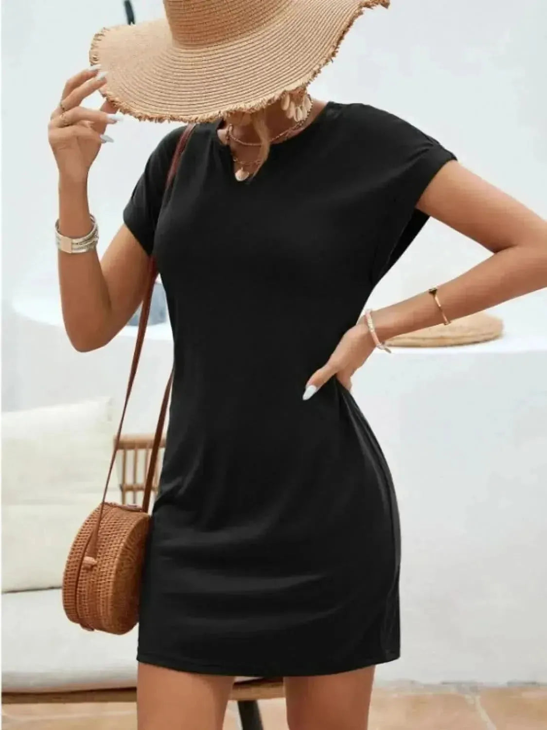 Notched Short Sleeve Mini Tee Dress - Bad Moms Club