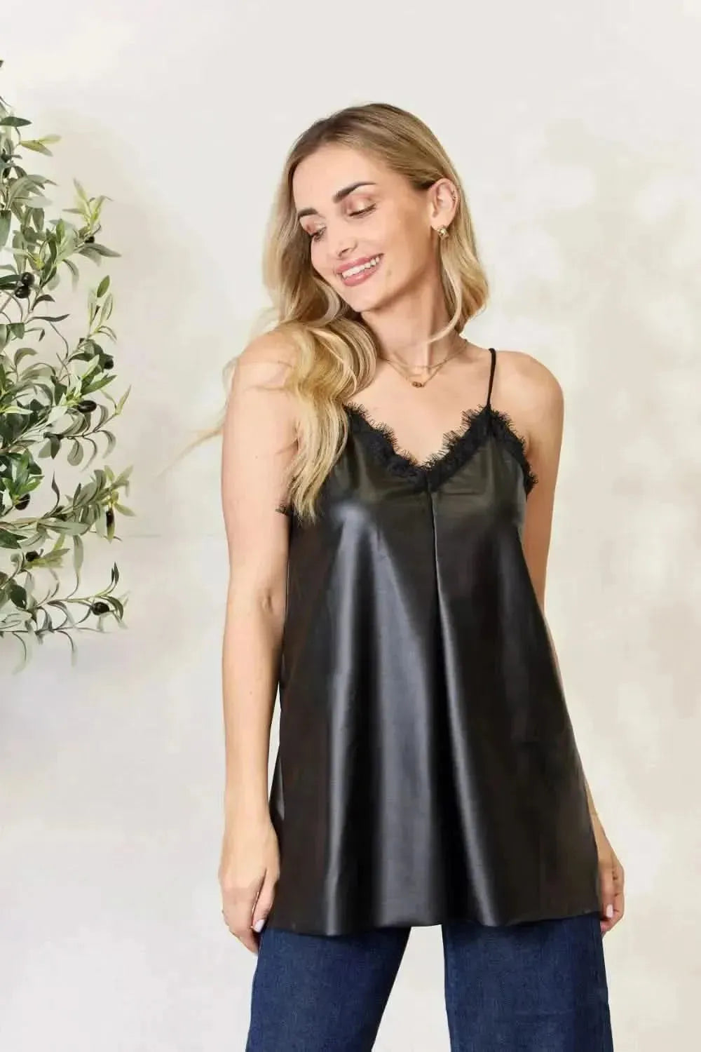 Heimish Full Size Faux Leather Lace Trim Cami - Bad Moms Club