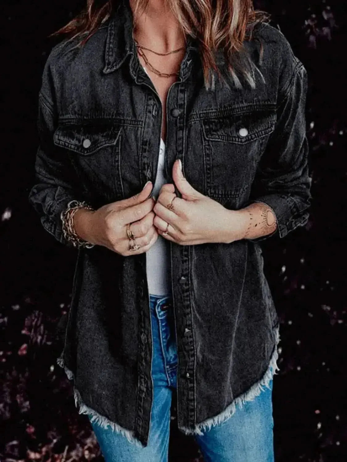MeiMei Frayed Hem Collared Denim Jacket - Bad Moms Club