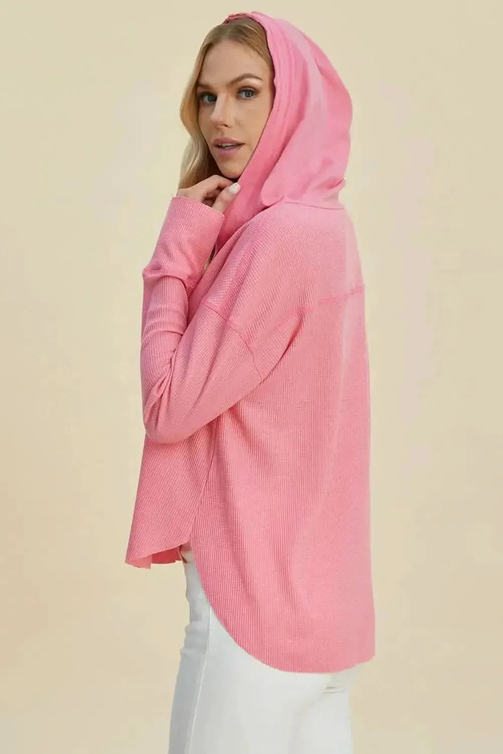 Double Take Full Size High-Low Dropped Shoulder Long Sleeve Hoodie - Bad Moms Club
