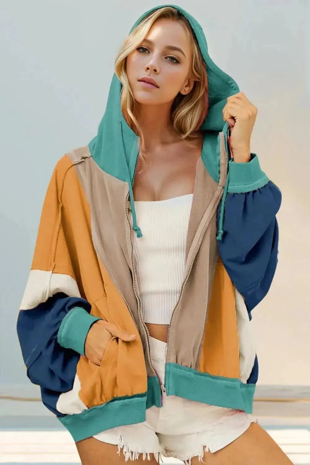 Double Take Full Size Color Block Zip Up Hoodie - Bad Moms Club