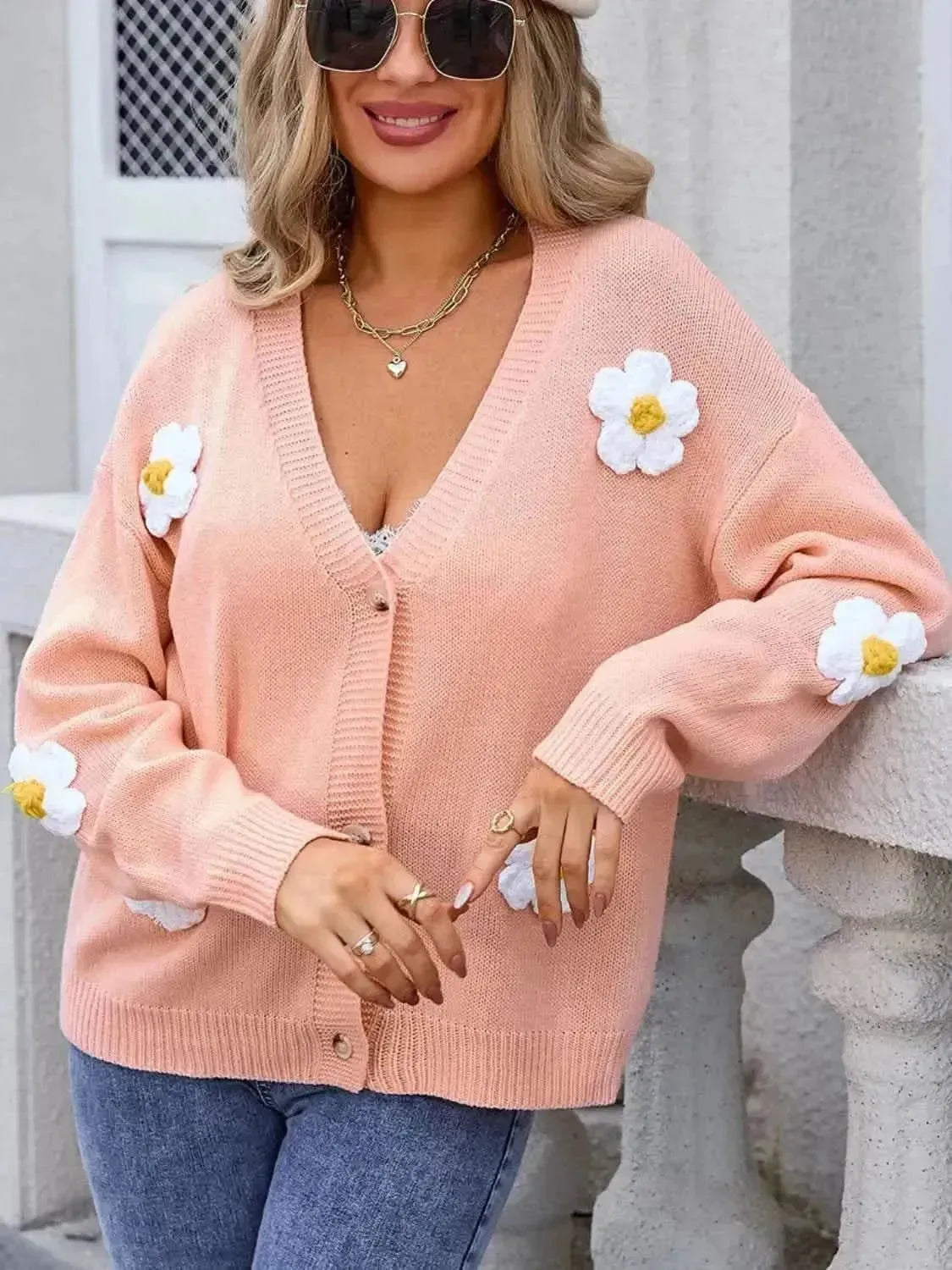 Crochet Flower Button Up Cardigan - Bad Moms Club