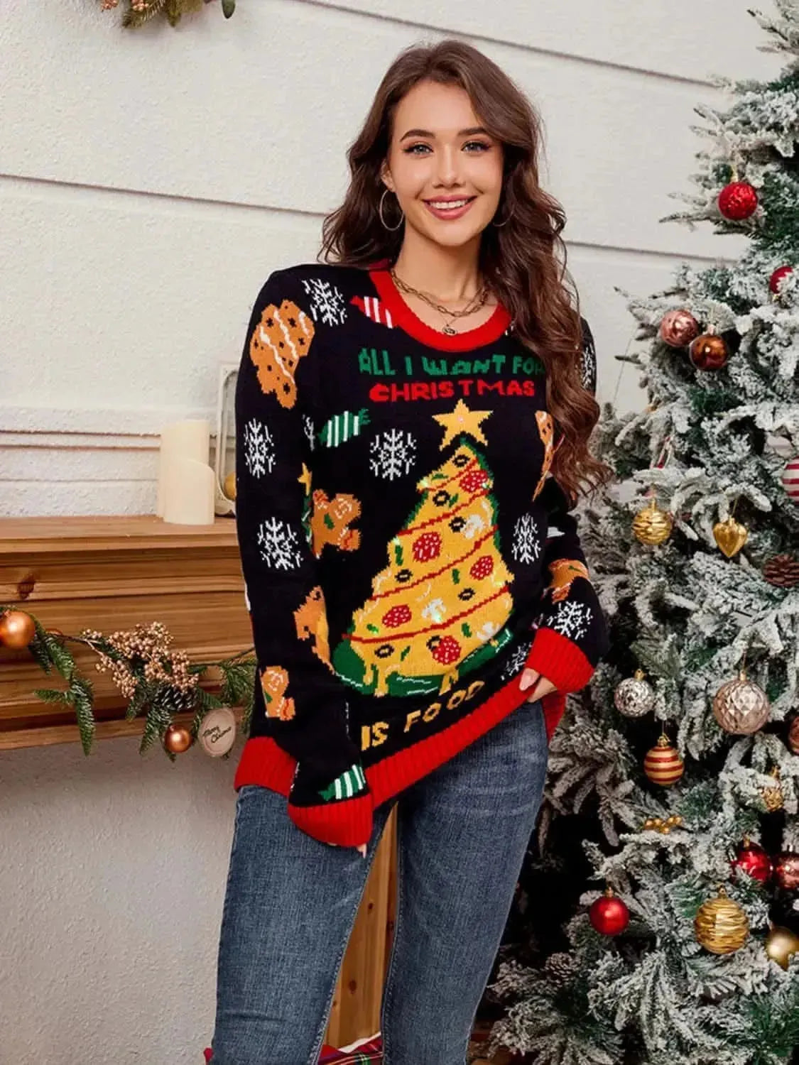 Christmas Element Round Neck Long Sleeve Sweater - Bad Moms Club