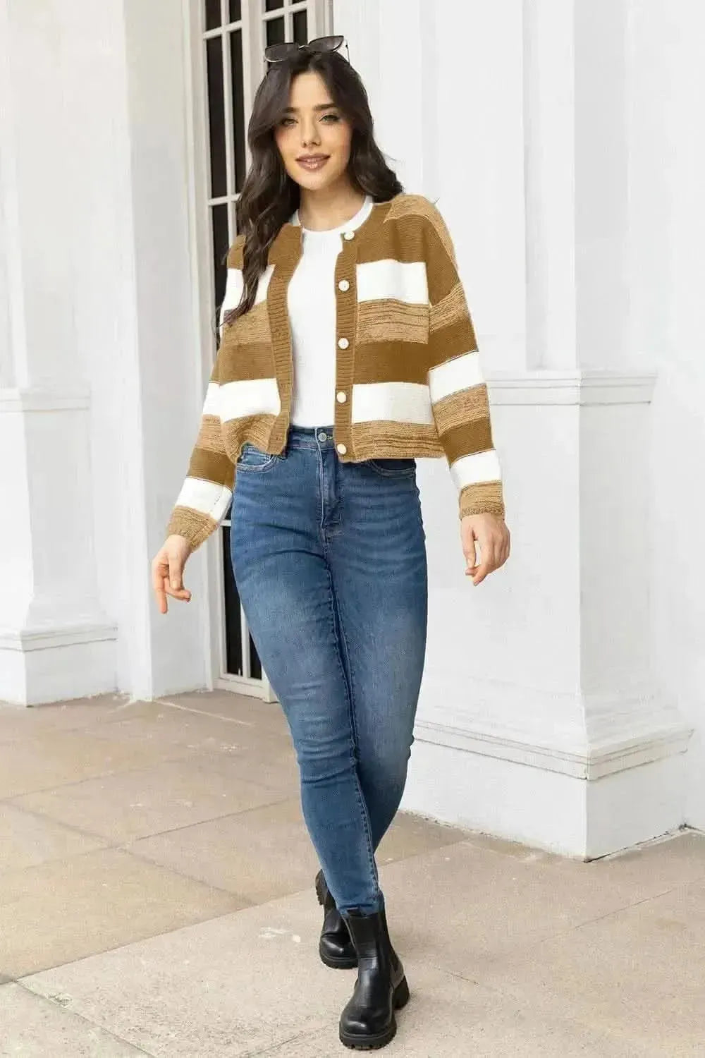Striped Button Up Long Sleeve Cardigan - Bad Moms Club