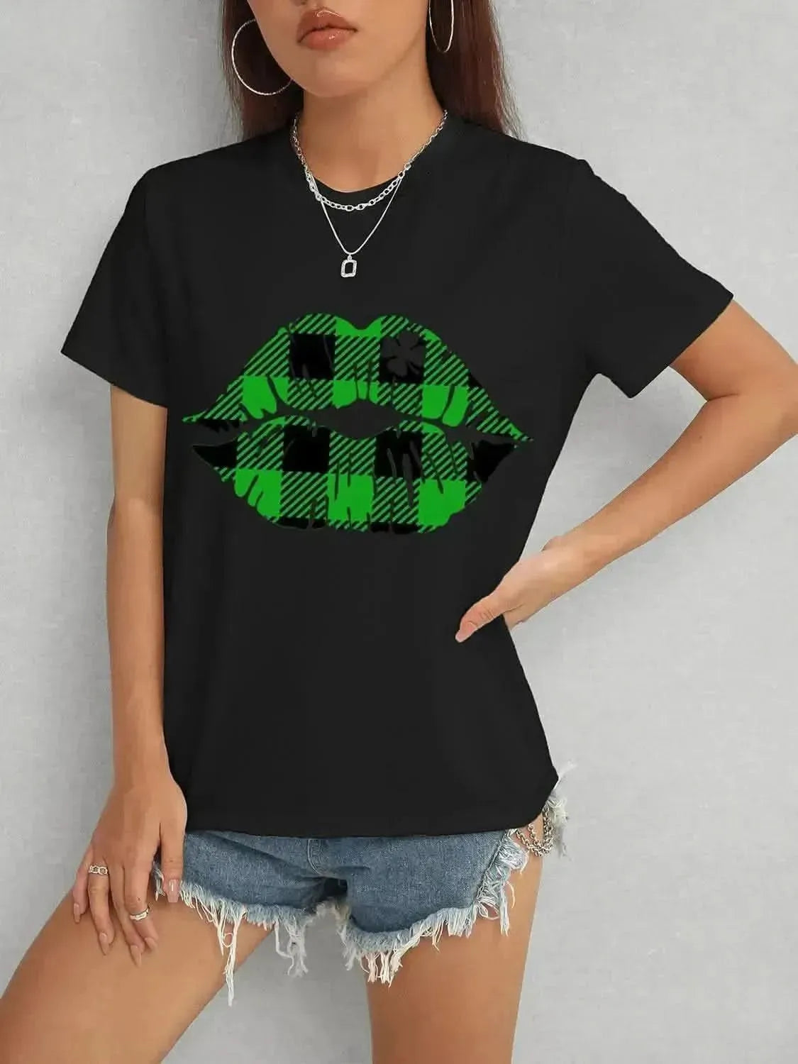 Plaid Lip Graphic Round Neck T-Shirt - Bad Moms Club