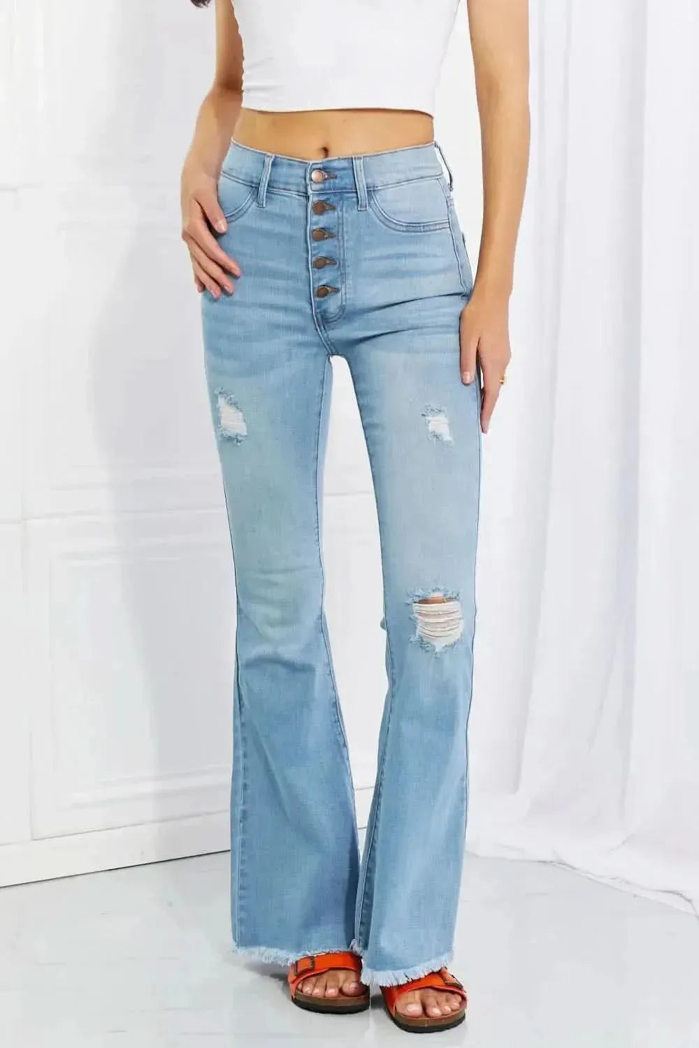Vibrant MIU Full Size Jess Button Flare Jeans - Bad Moms Club