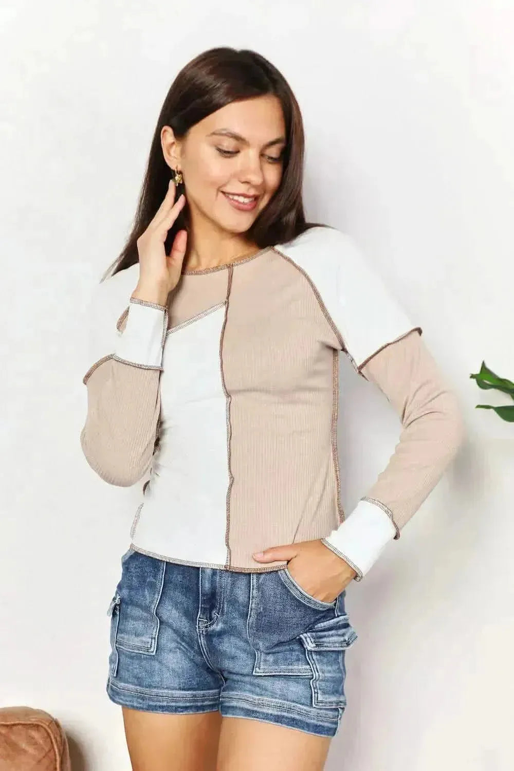 Double Take Color Block Exposed Seam Top - Bad Moms Club