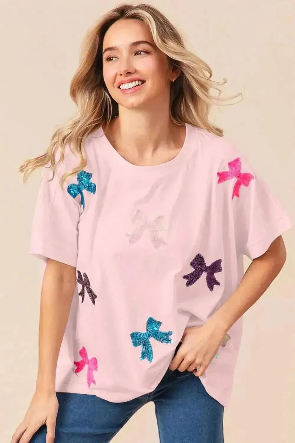 BiBi Sequin Bow Patch Short Sleeve T-Shirt - Bad Moms Club