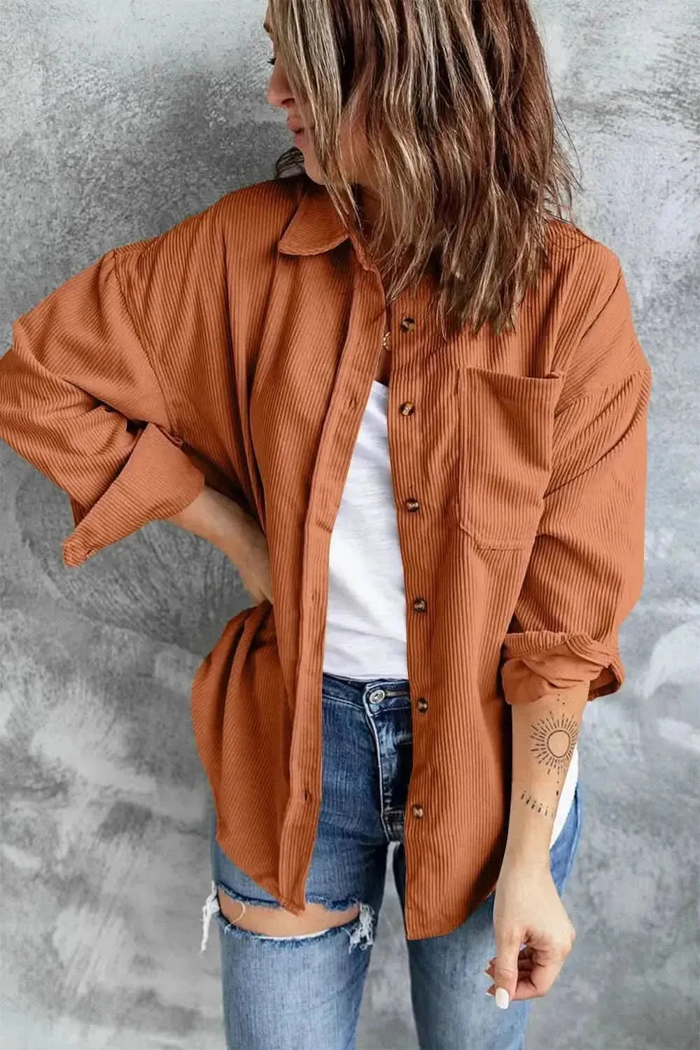 Collared Neck Button Up Dropped Shoulder Shacket - Bad Moms Club