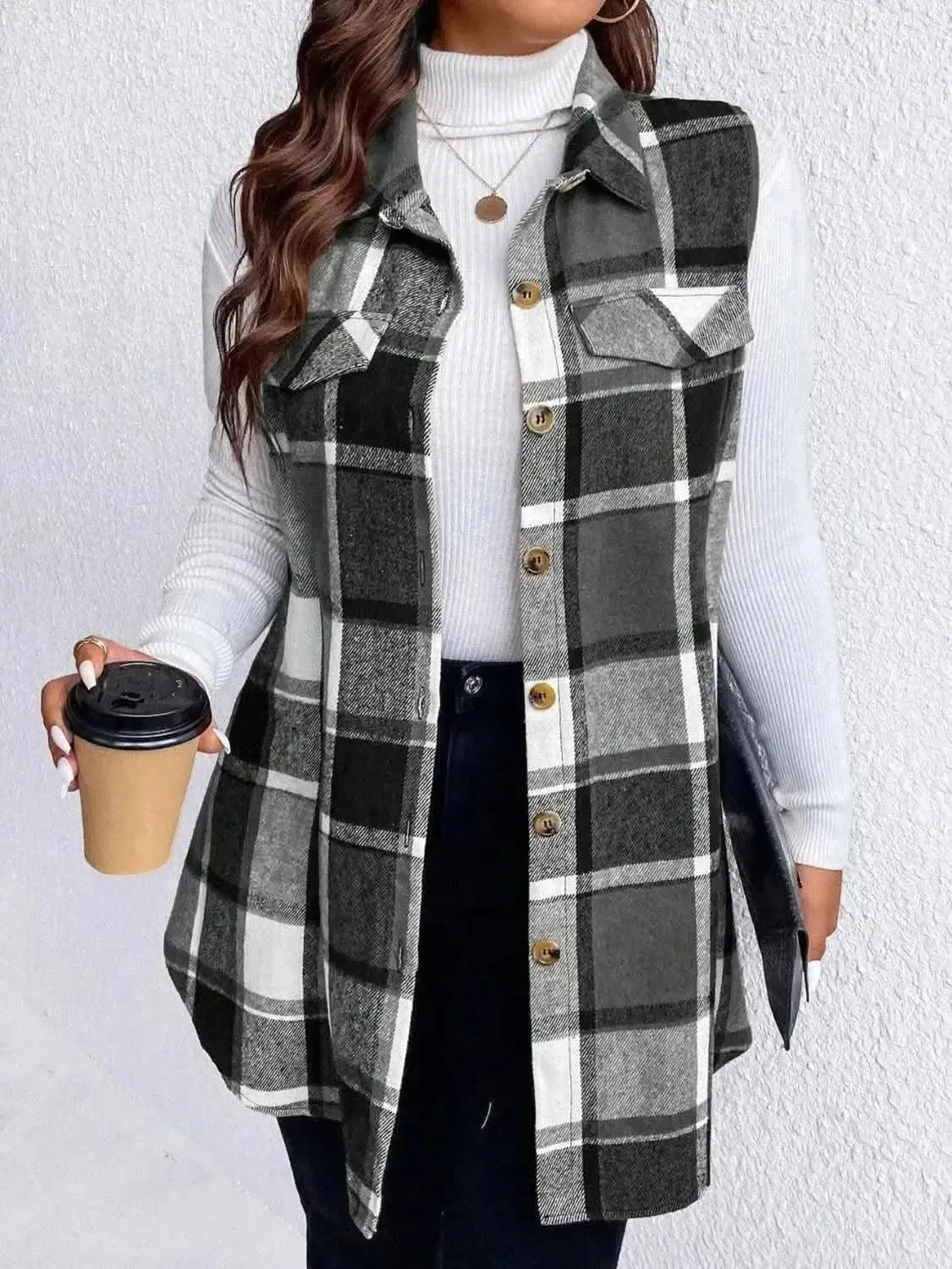 Honey Plus Size Pocketed Plaid Button Up Vest Coat - Bad Moms Club