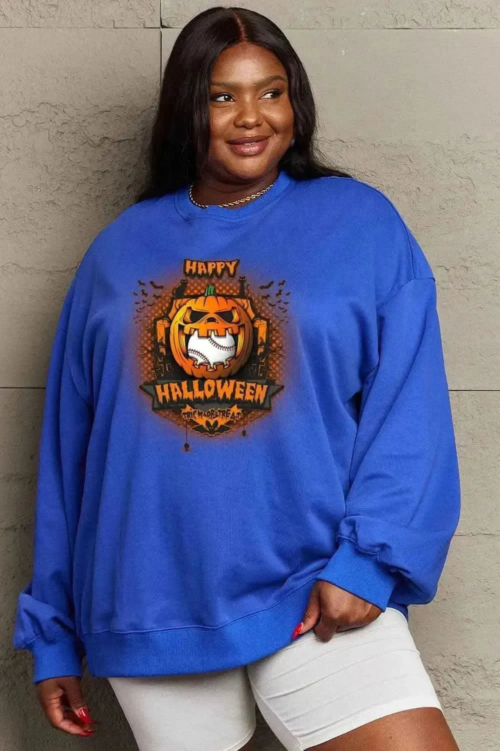 Simply Love Full Size HAPPY HALLOWEEN Graphic Sweatshirt - Bad Moms Club