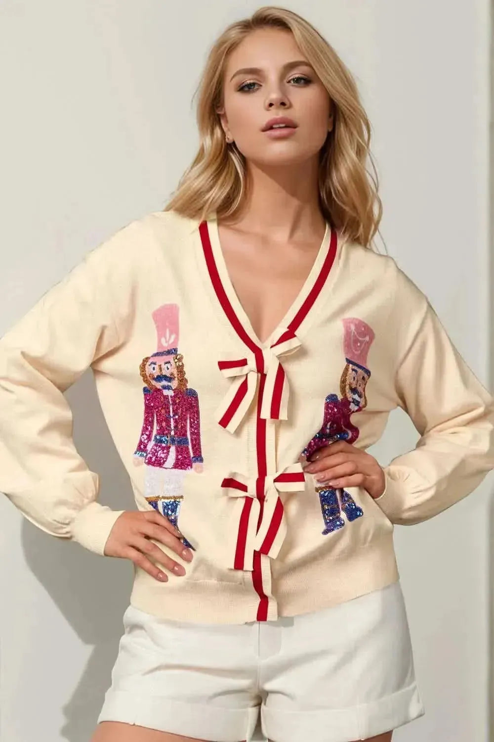 Double Take Full Size Nutcracker Sequin Bow Decor Cardigan - Bad Moms Club